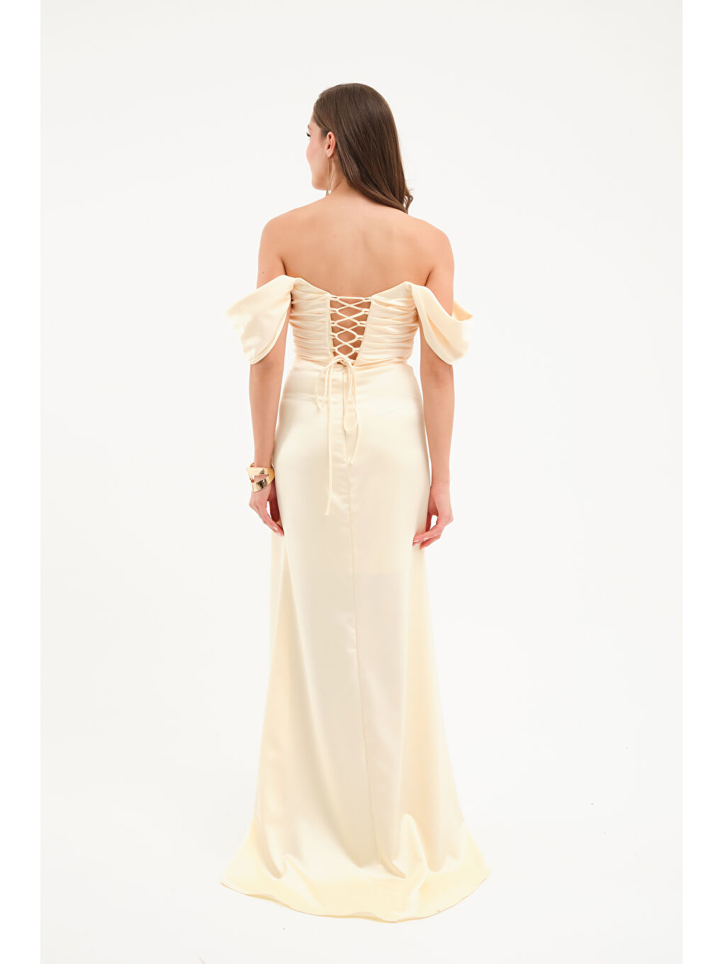 Kadın Sarı Kayık Yaka Yırtmaçlı Söz Nişan Nikah Abiye Elbise-4