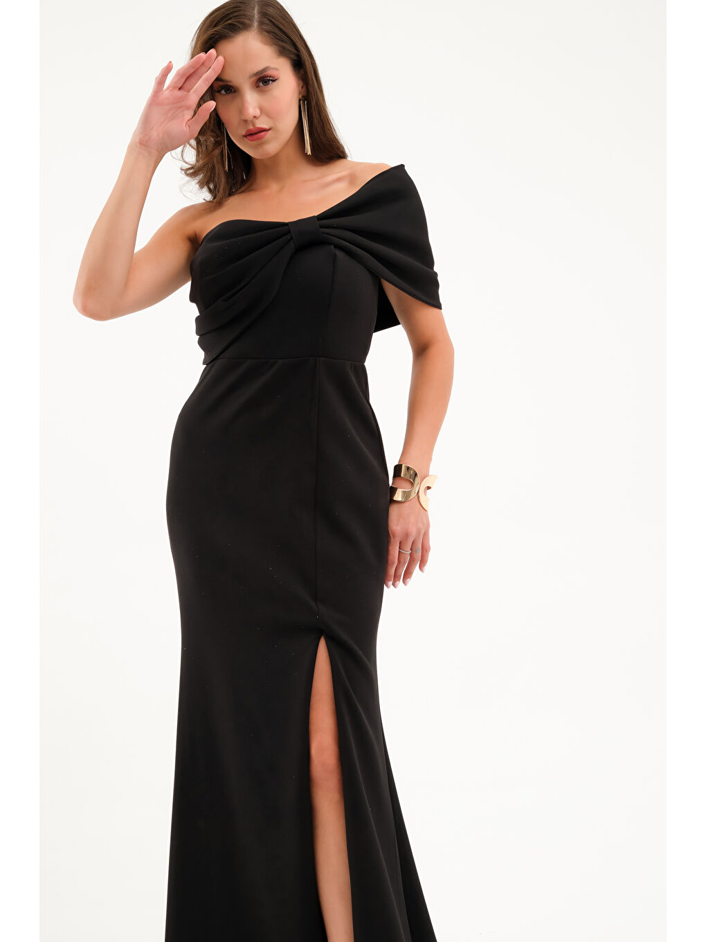 Kadın Siyah Fiyonk Detay Uzun Abiye Elbise-2