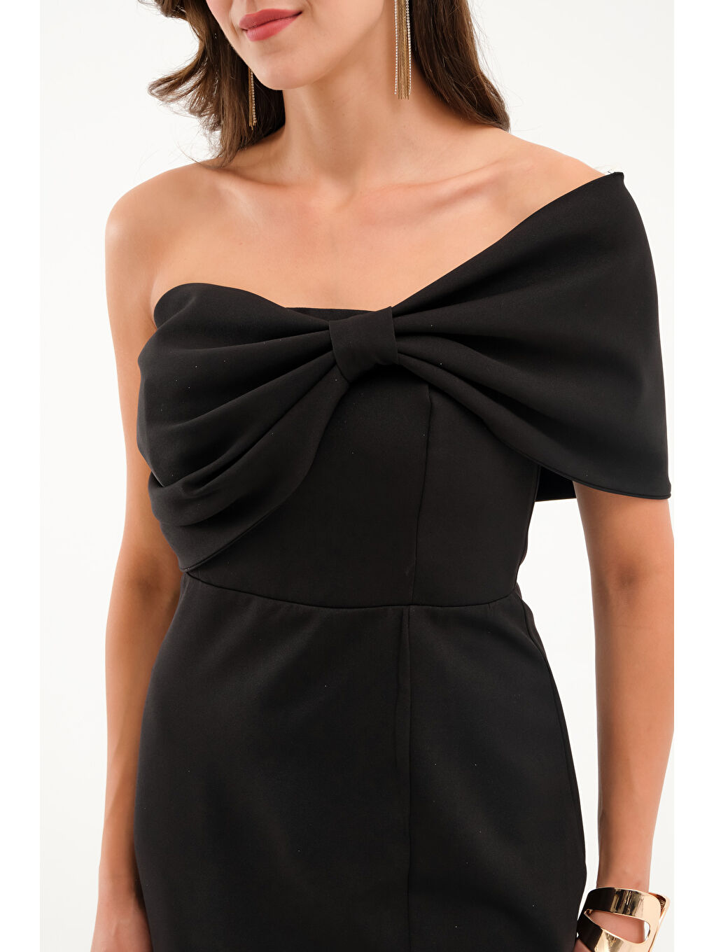 Kadın Siyah Fiyonk Detay Uzun Abiye Elbise-3