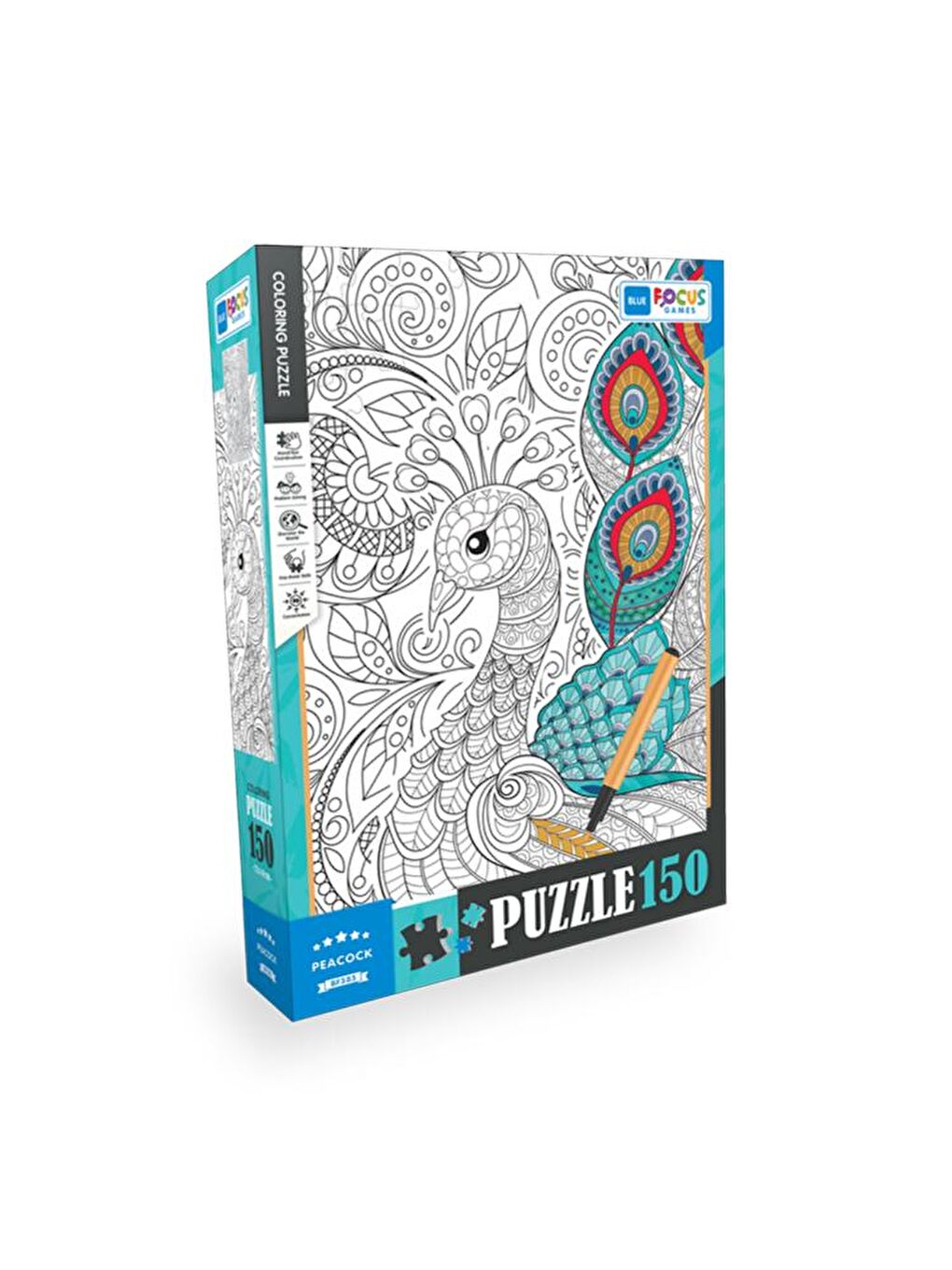 Blue Focus Karışık 150 Parça Coloring Puzzle - Peacock (Tavuskuşu) - 1