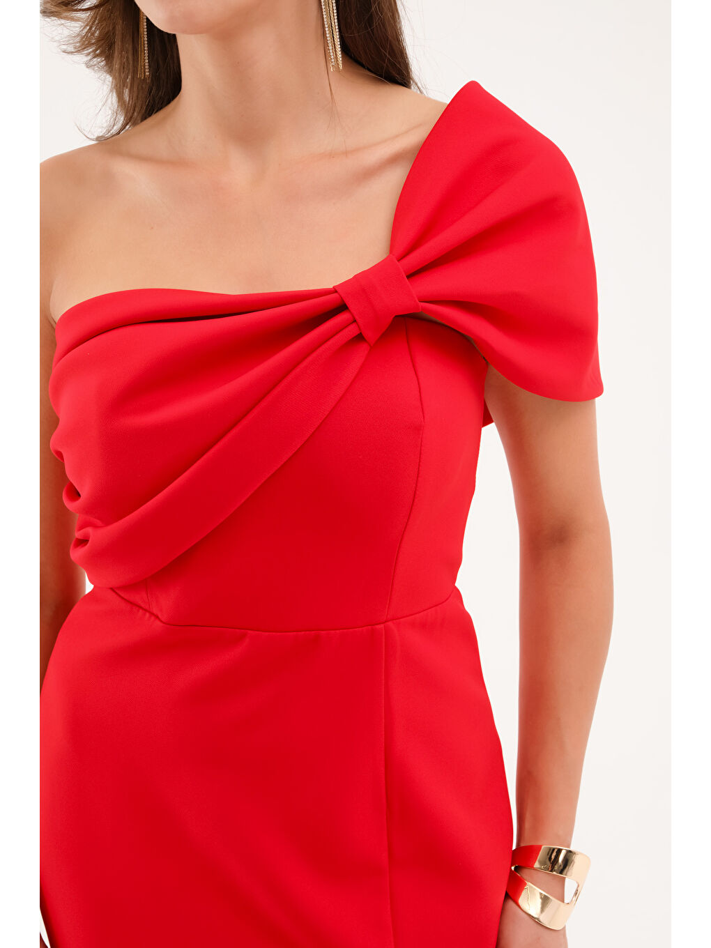 Kadın Kırmızı Fiyonk Detay Uzun Abiye Elbise-1