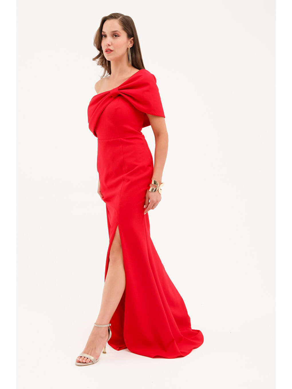 Kadın Kırmızı Fiyonk Detay Uzun Abiye Elbise-3