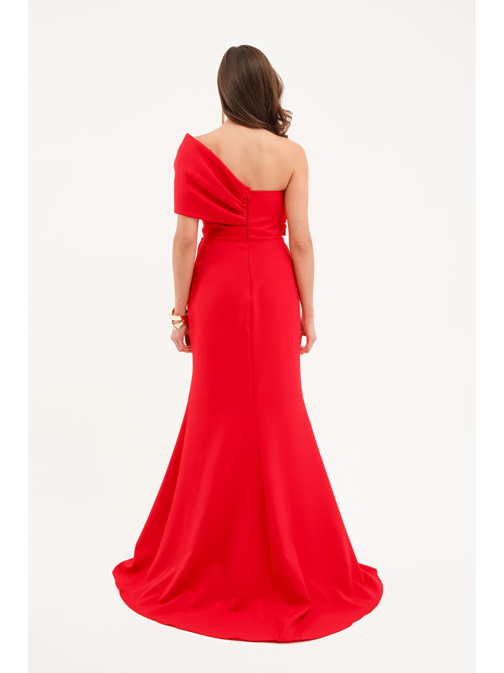 Kadın Kırmızı Fiyonk Detay Uzun Abiye Elbise-4