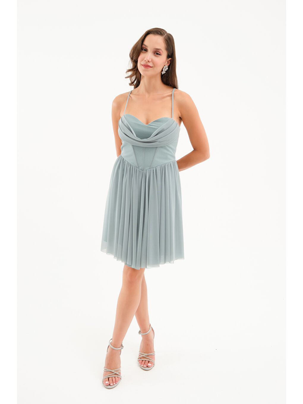 Kadın Mint Yeşili Askılı Mini Mezuniyet Abiye Elbise-1