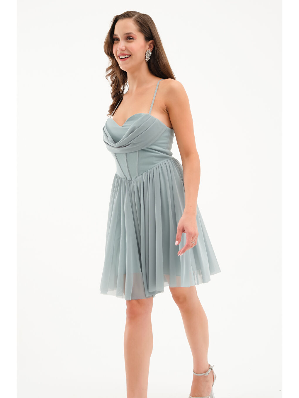 Kadın Mint Yeşili Askılı Mini Mezuniyet Abiye Elbise-2