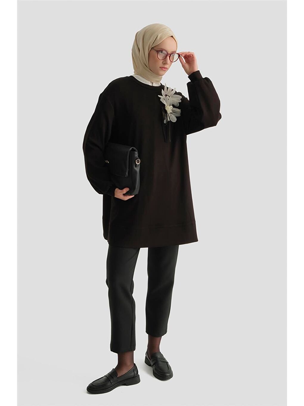 Çiçekli Modal Örme Tunik Siyah