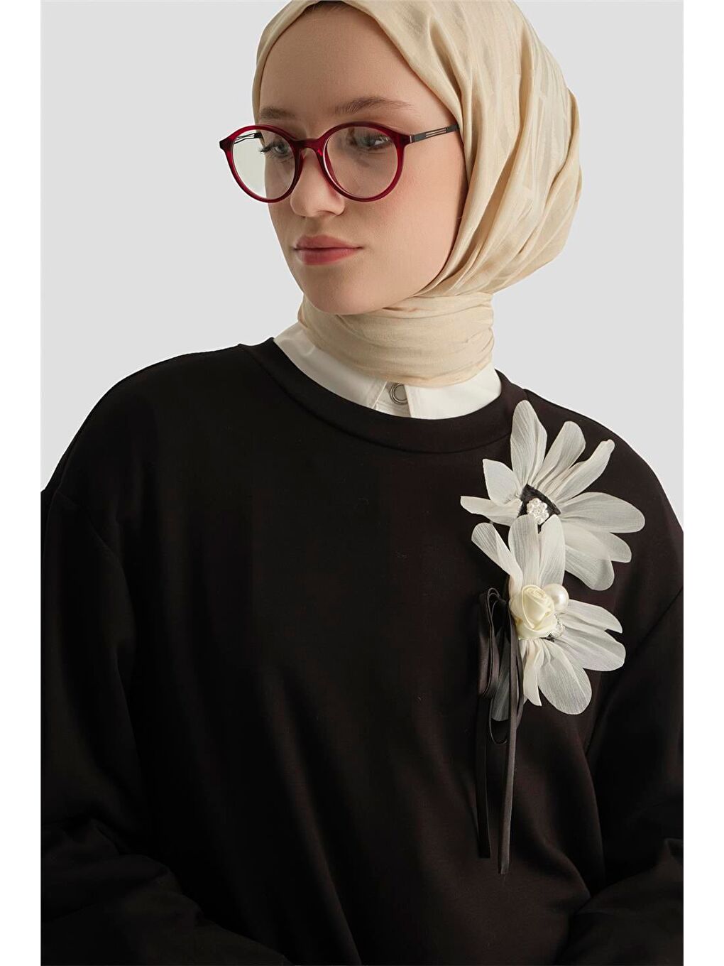 Çiçekli Modal Örme Tunik Siyah-1