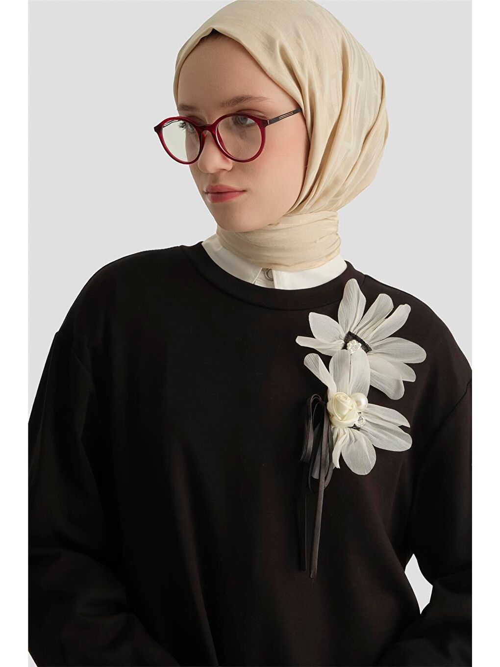 Çiçekli Modal Örme Tunik Siyah-2