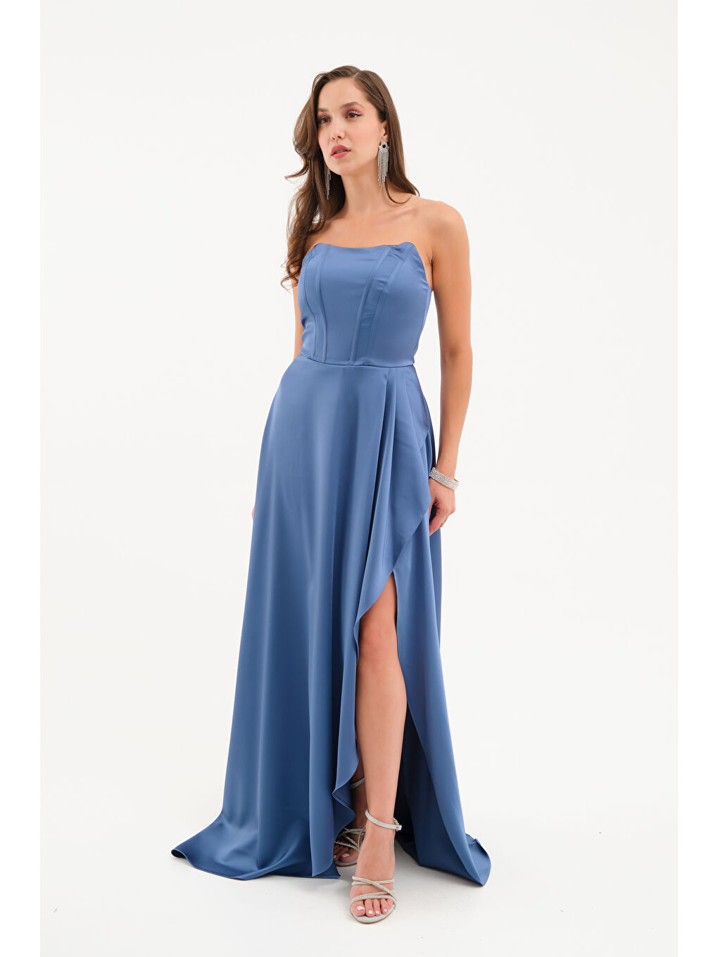 Kadın İndigo Straplez Balen Korse Detay Uzun Abiye Elbise-2