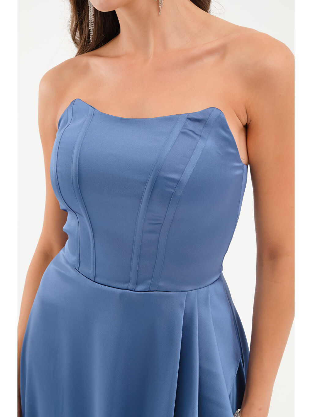 Kadın İndigo Straplez Balen Korse Detay Uzun Abiye Elbise-3