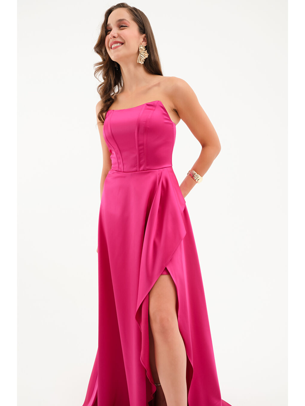 Kadın Fuşya Straplez Balen Korse Detay Uzun Abiye Elbise-1