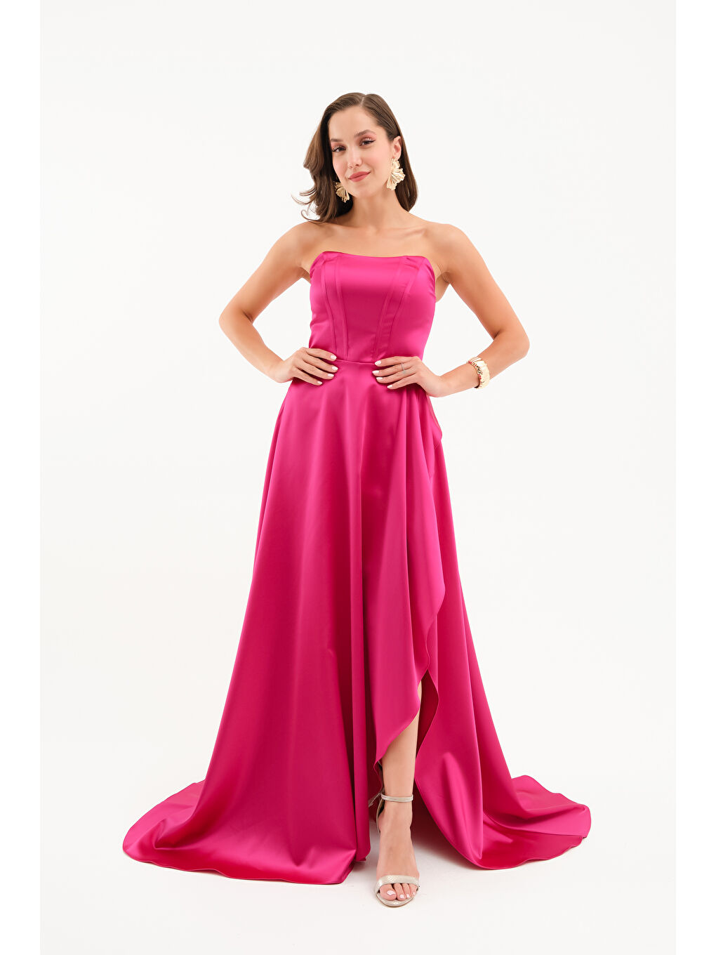 Kadın Fuşya Straplez Balen Korse Detay Uzun Abiye Elbise-2