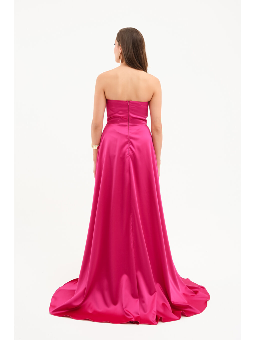 Kadın Fuşya Straplez Balen Korse Detay Uzun Abiye Elbise-4