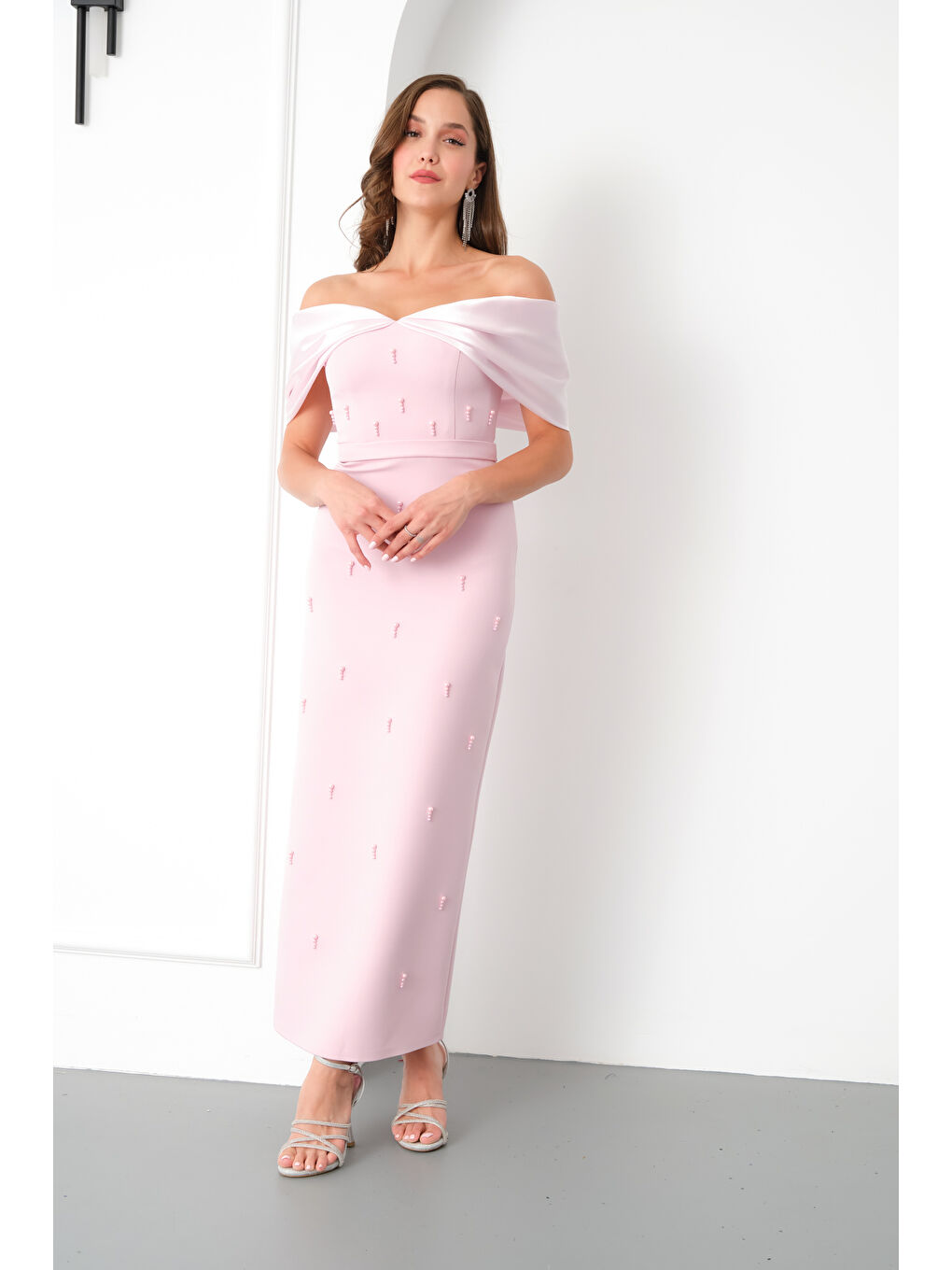 Pembe Kadın Pudra Kayık Yaka İncili Söz Nişan Nikah Abiye Elbise-2