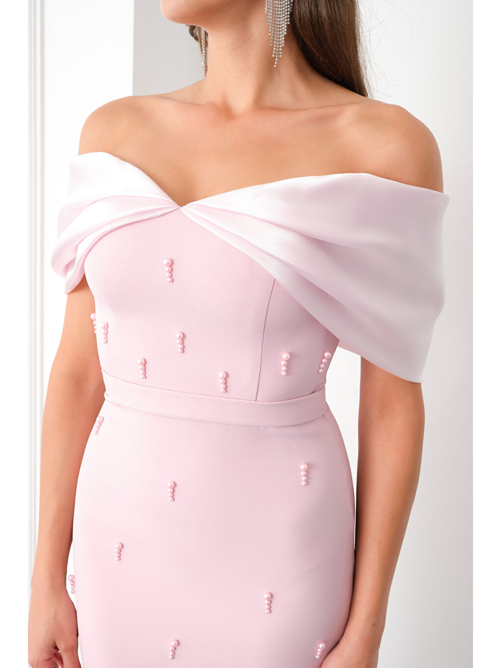 Pembe Kadın Pudra Kayık Yaka İncili Söz Nişan Nikah Abiye Elbise-3