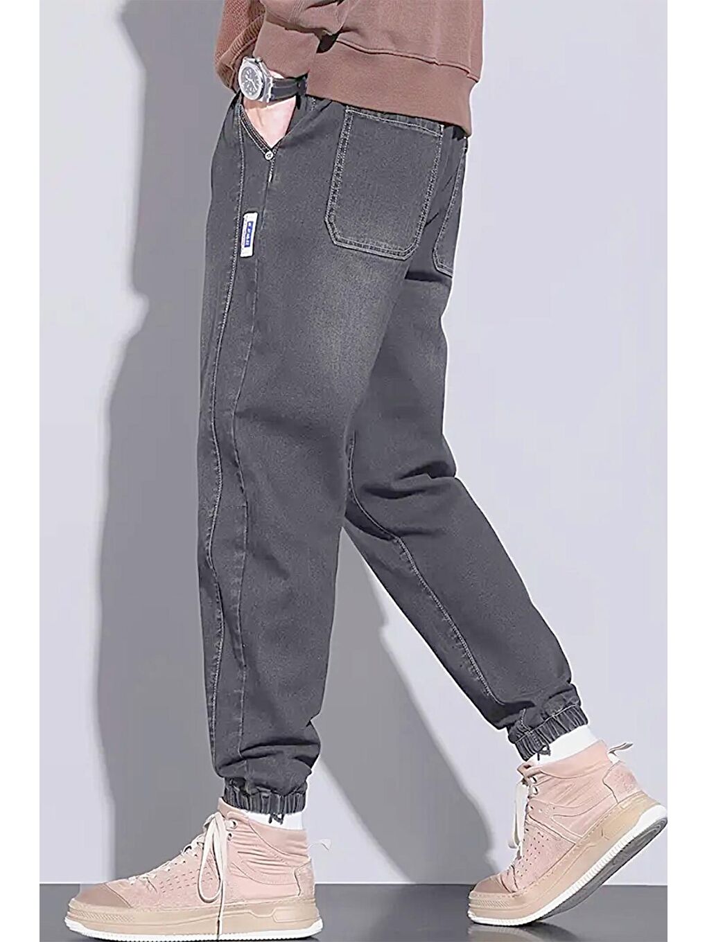 Gri Reax Simon Beli ve Paçası Lastikli İpli Jogger Kesim Erkek Jean Pantolon