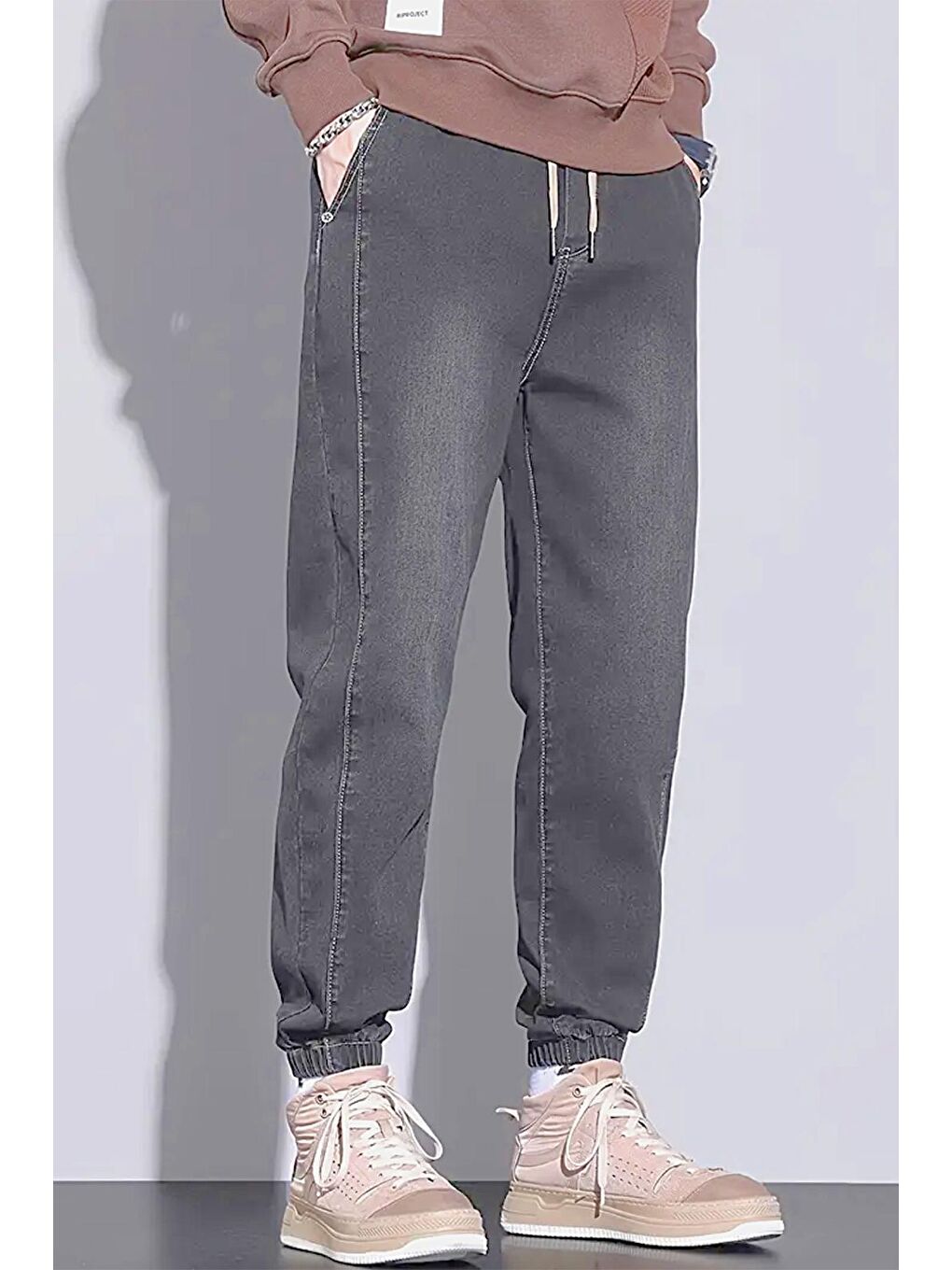 Gri Reax Simon Beli ve Paçası Lastikli İpli Jogger Kesim Erkek Jean Pantolon-1