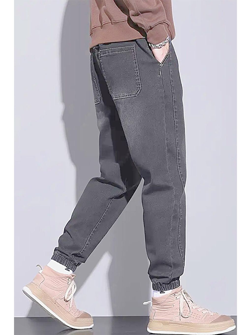 Gri Reax Simon Beli ve Paçası Lastikli İpli Jogger Kesim Erkek Jean Pantolon-2