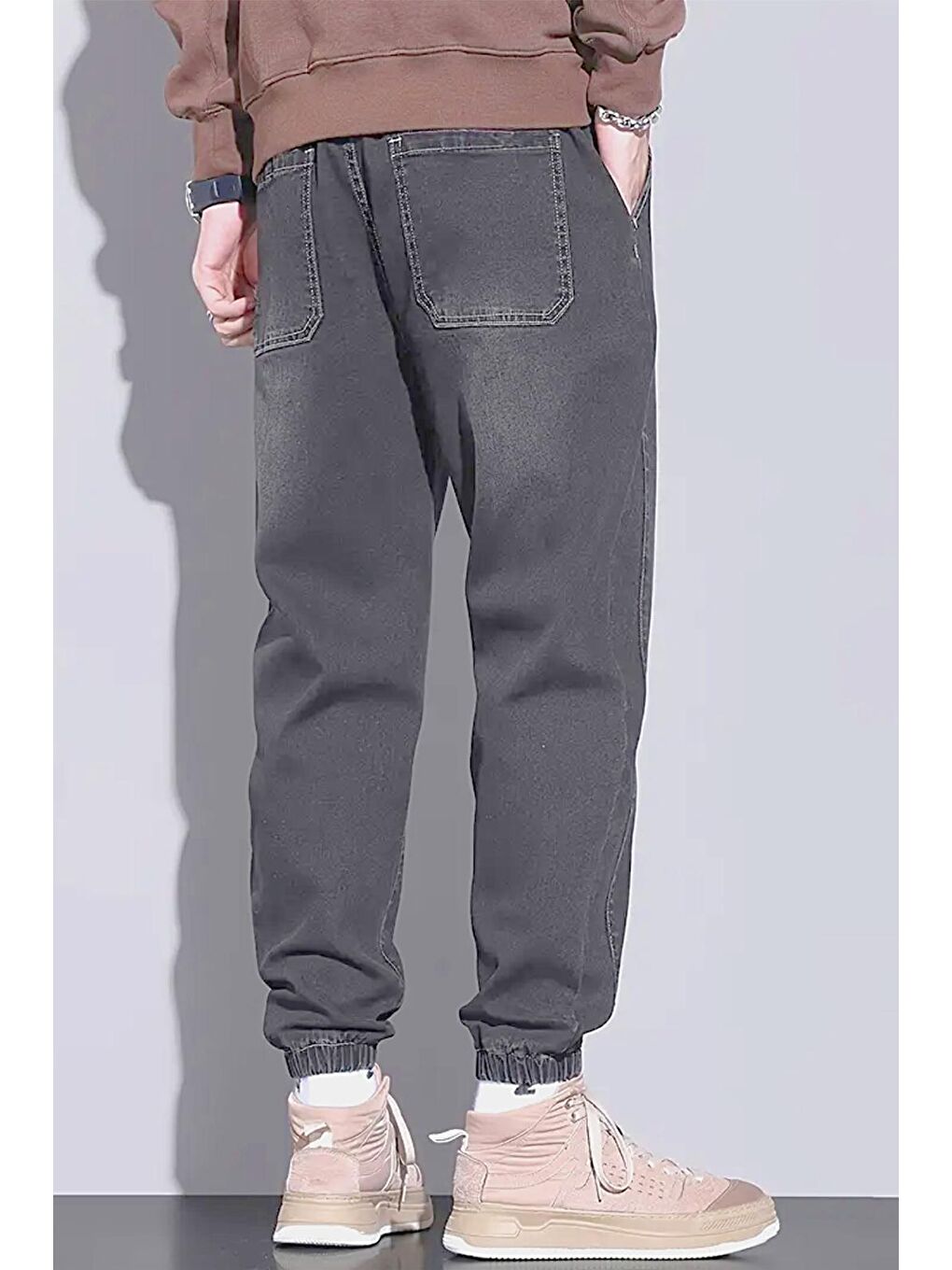 Gri Reax Simon Beli ve Paçası Lastikli İpli Jogger Kesim Erkek Jean Pantolon-3