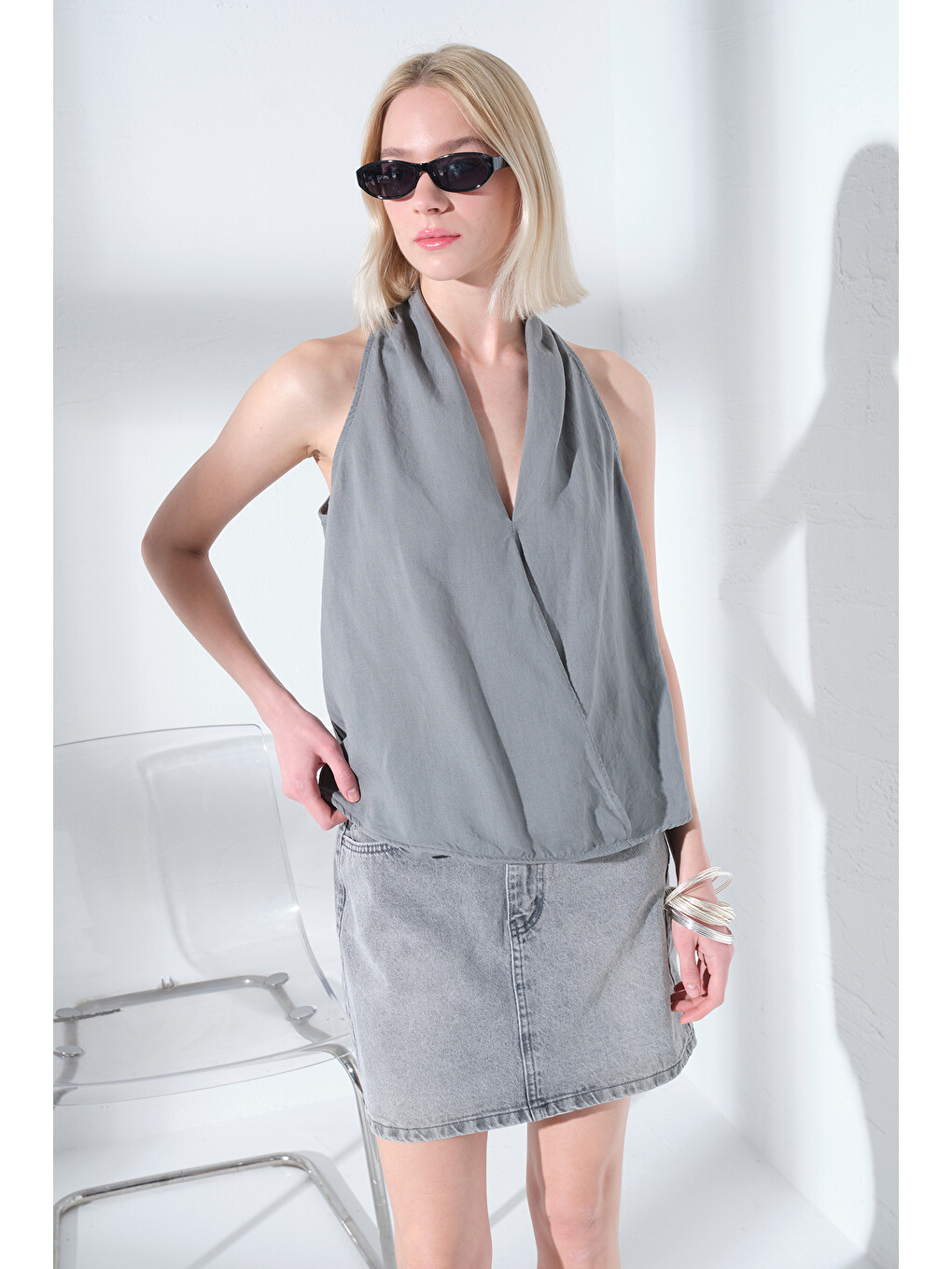 Gri Keten Lyocell Kolsuz Anvelop V Yaka Dokuma Kadın Bluz @Karen-5