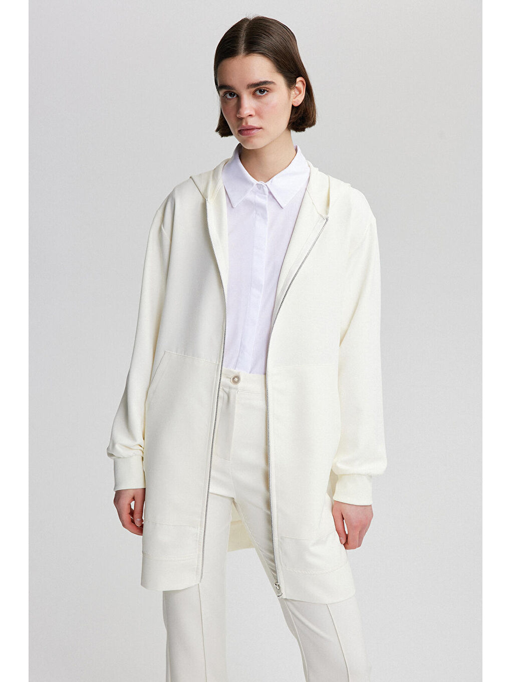 Ekru Fermuarlı İnce Krep Ceket-1