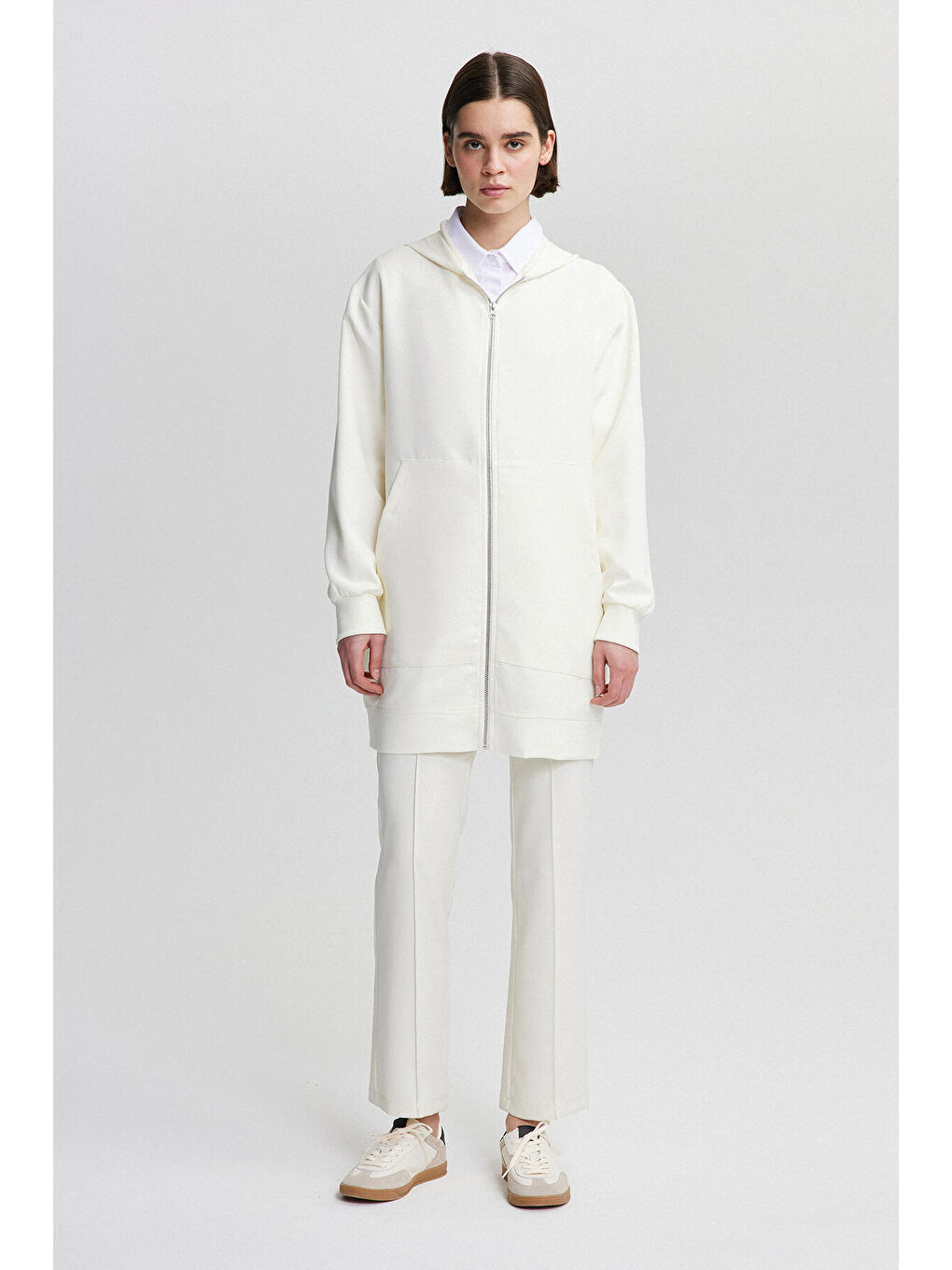 Ekru Fermuarlı İnce Krep Ceket-2