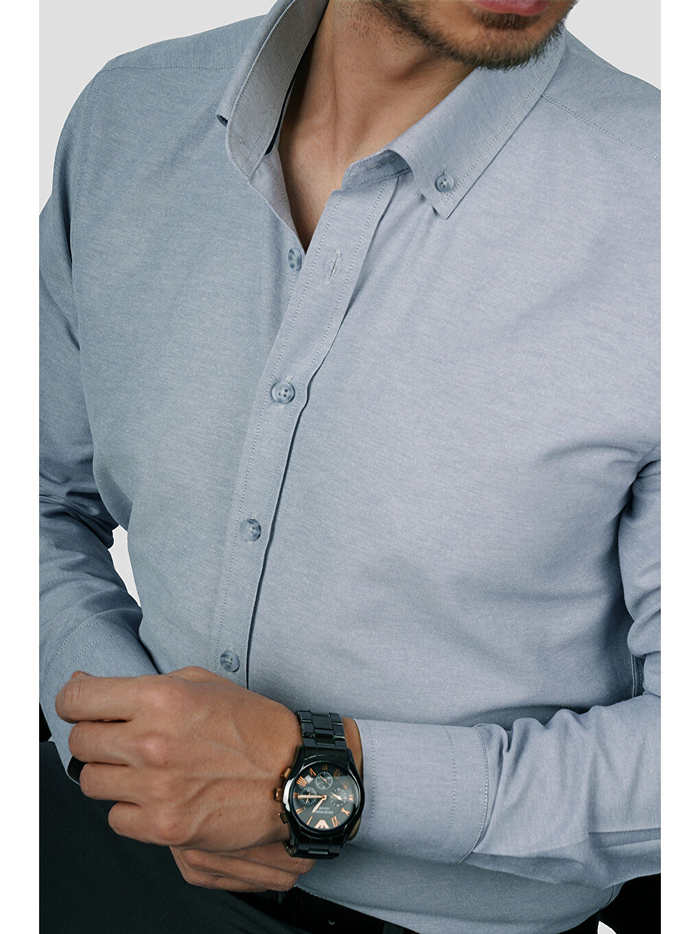 Gri Yaka Düğmeli Premium Şamre Slimfit Erkek Gömlek