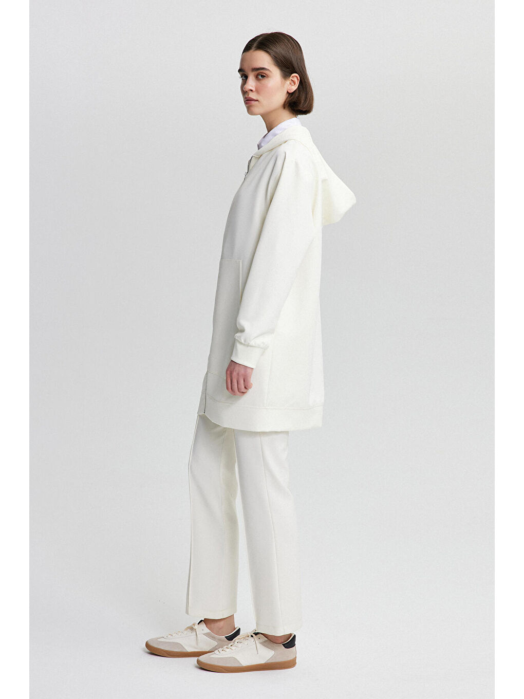 Ekru Fermuarlı İnce Krep Ceket-3