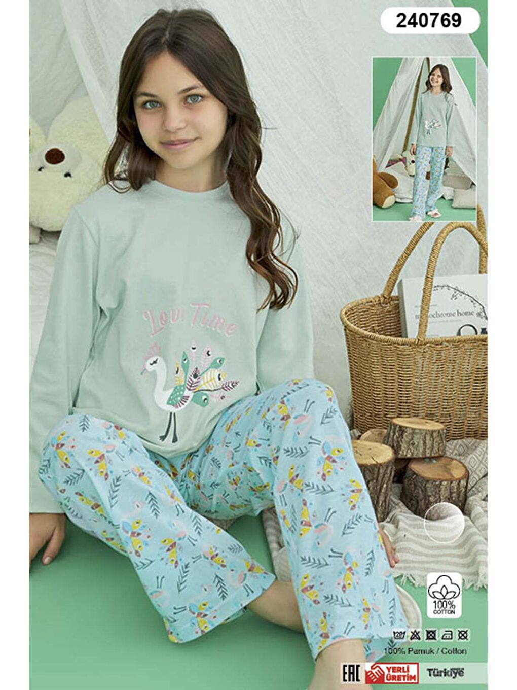 Yeşil Genç Kız Pamuklu Pijama Takımı 240769 Mint-1