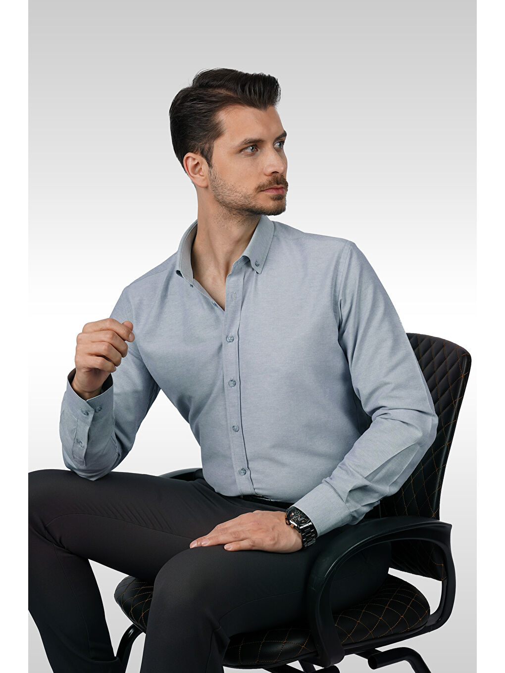 Gri Yaka Düğmeli Premium Şamre Slimfit Erkek Gömlek-1