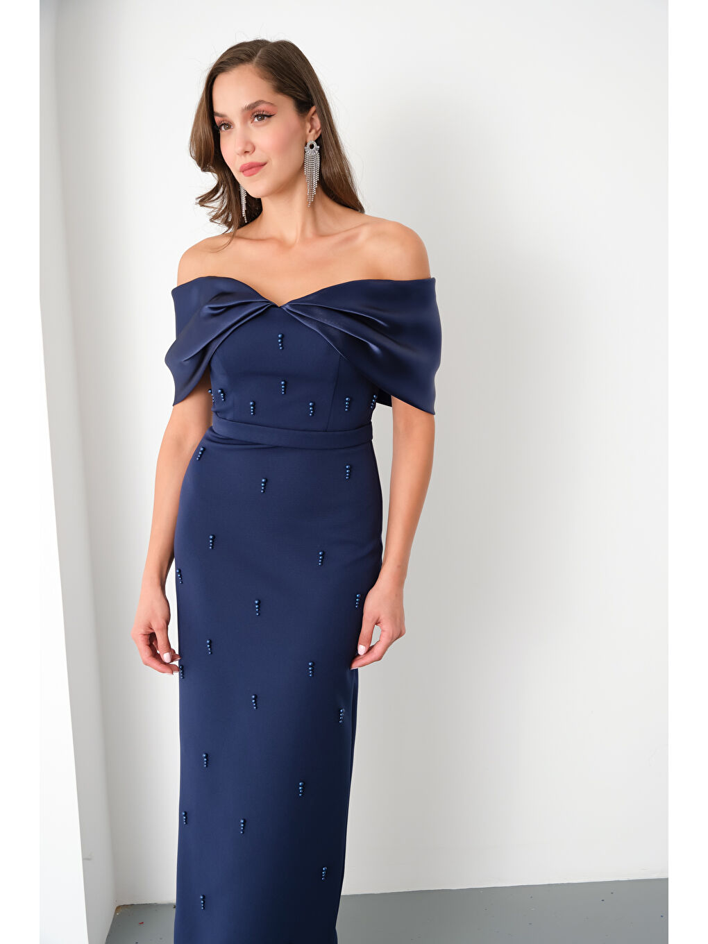Kadın Lacivert Kayık Yaka İncili Söz Nişan Nikah Abiye Elbise-2