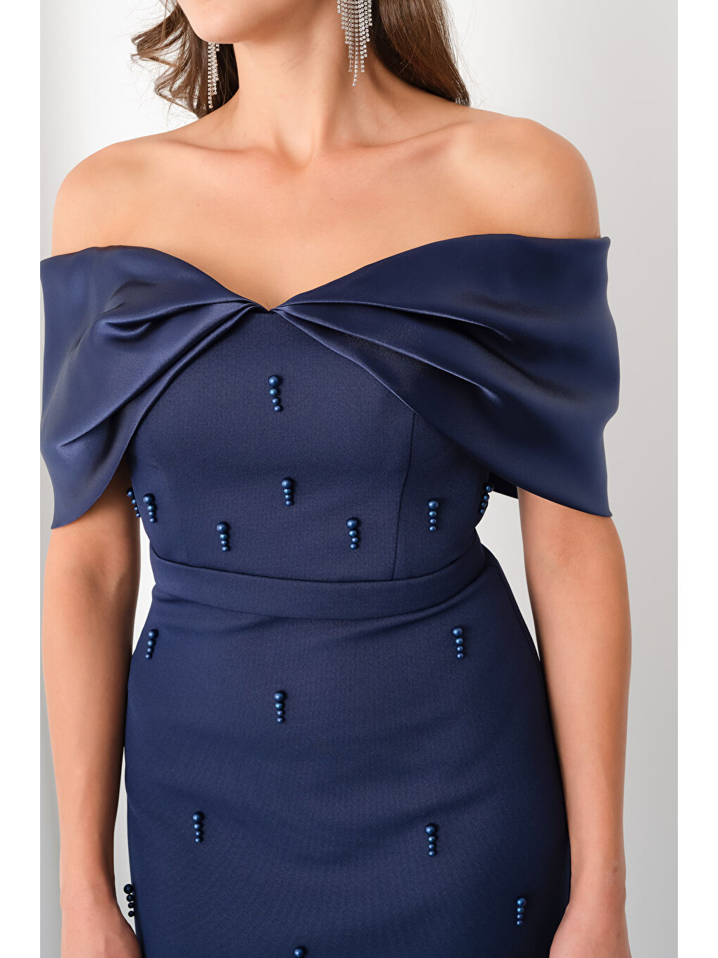 Kadın Lacivert Kayık Yaka İncili Söz Nişan Nikah Abiye Elbise-3