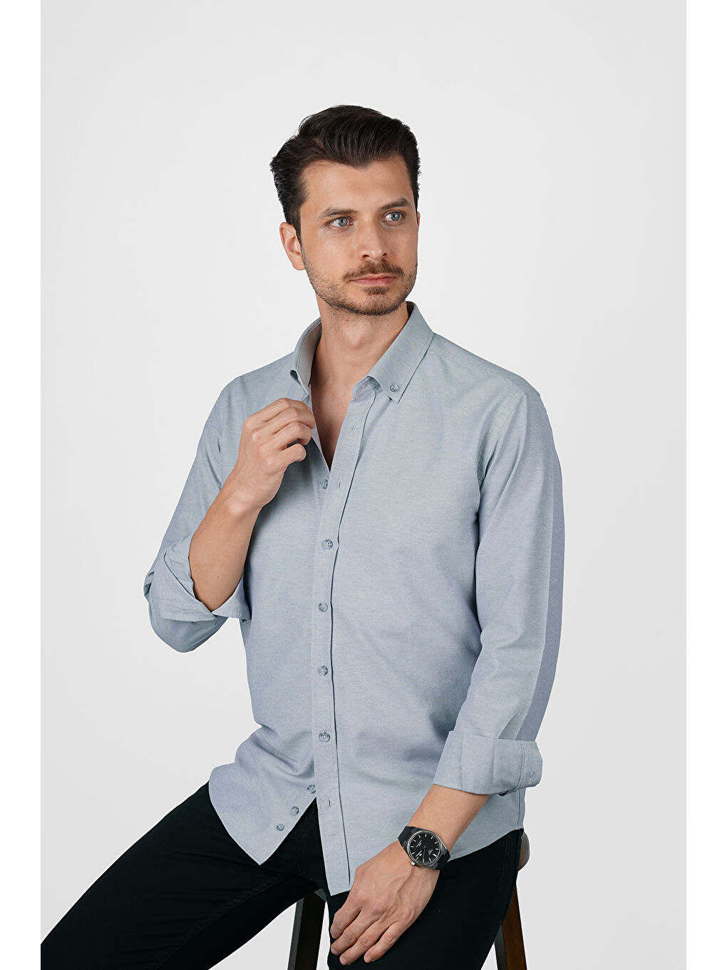 Gri Yaka Düğmeli Premium Şamre Slimfit Erkek Gömlek-2
