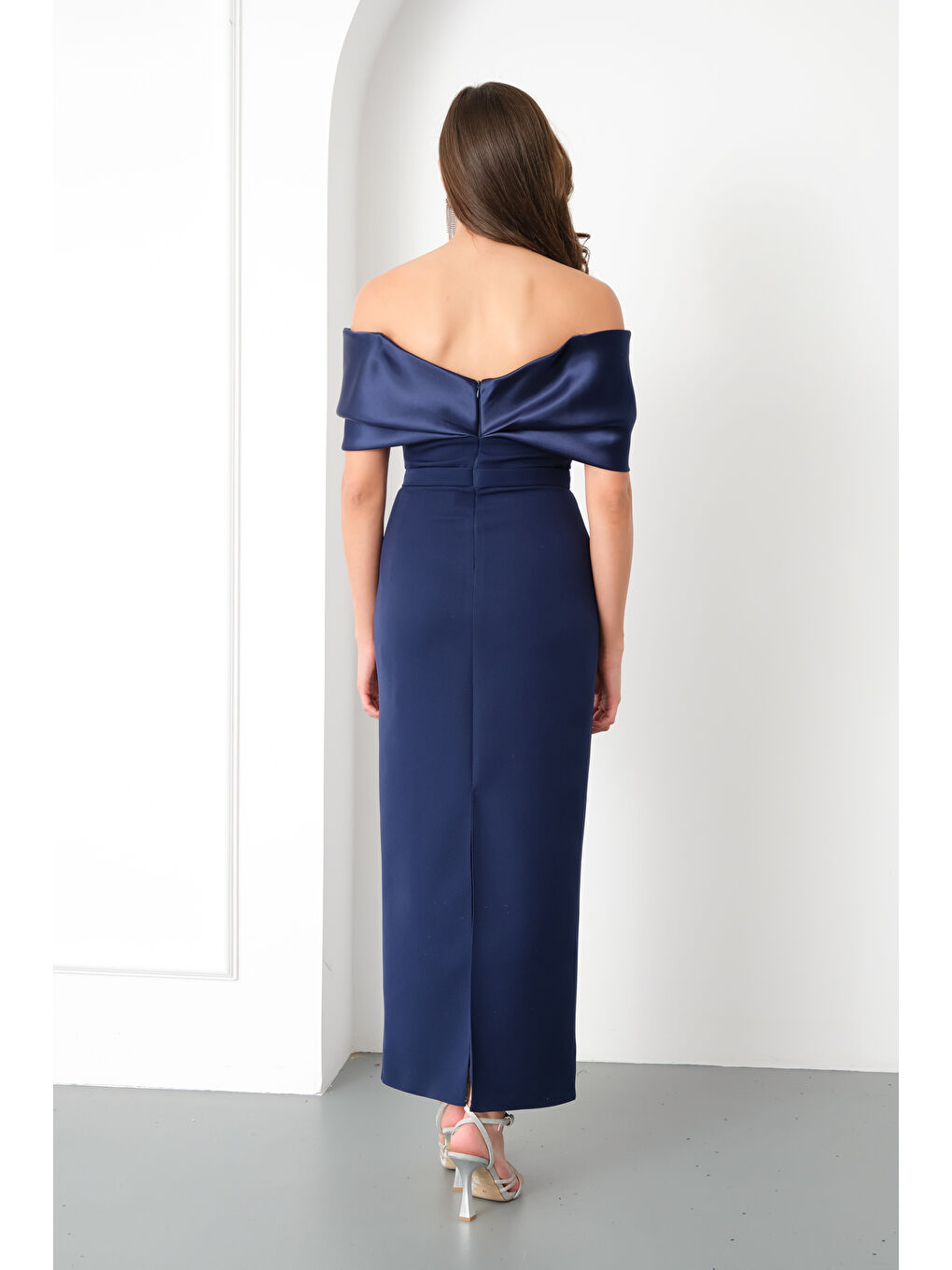 Kadın Lacivert Kayık Yaka İncili Söz Nişan Nikah Abiye Elbise-4