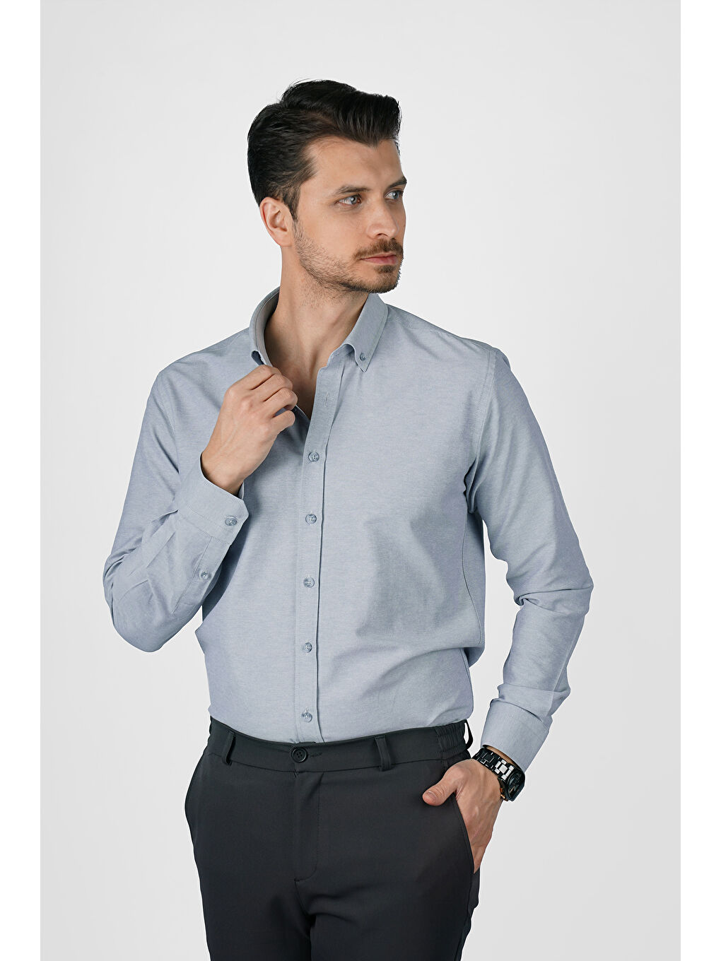Gri Yaka Düğmeli Premium Şamre Slimfit Erkek Gömlek-3