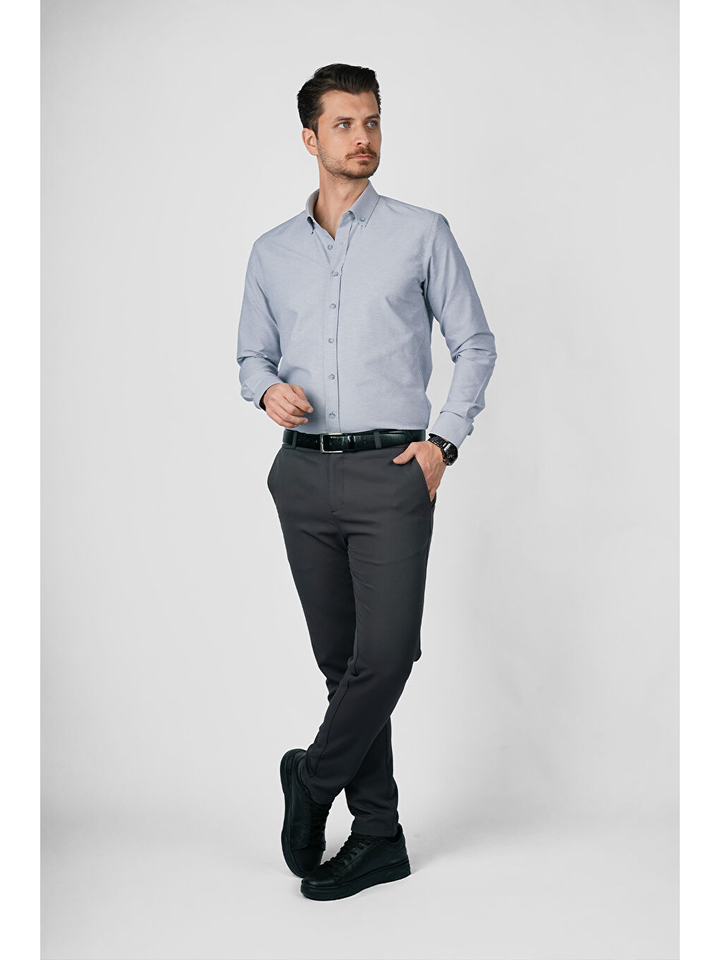 Gri Yaka Düğmeli Premium Şamre Slimfit Erkek Gömlek-4