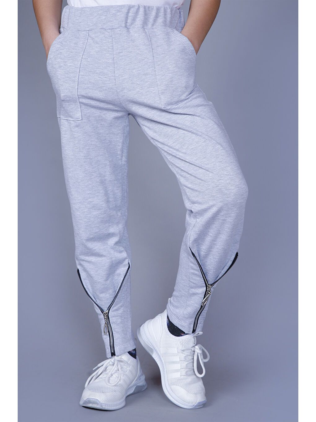 Gri Kız Çocuk Paçası Fermuarlı Eşofman Alt-1