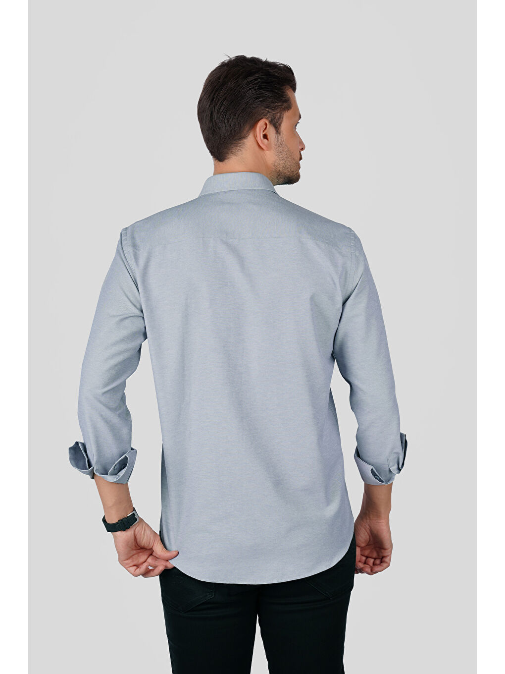 Gri Yaka Düğmeli Premium Şamre Slimfit Erkek Gömlek-5