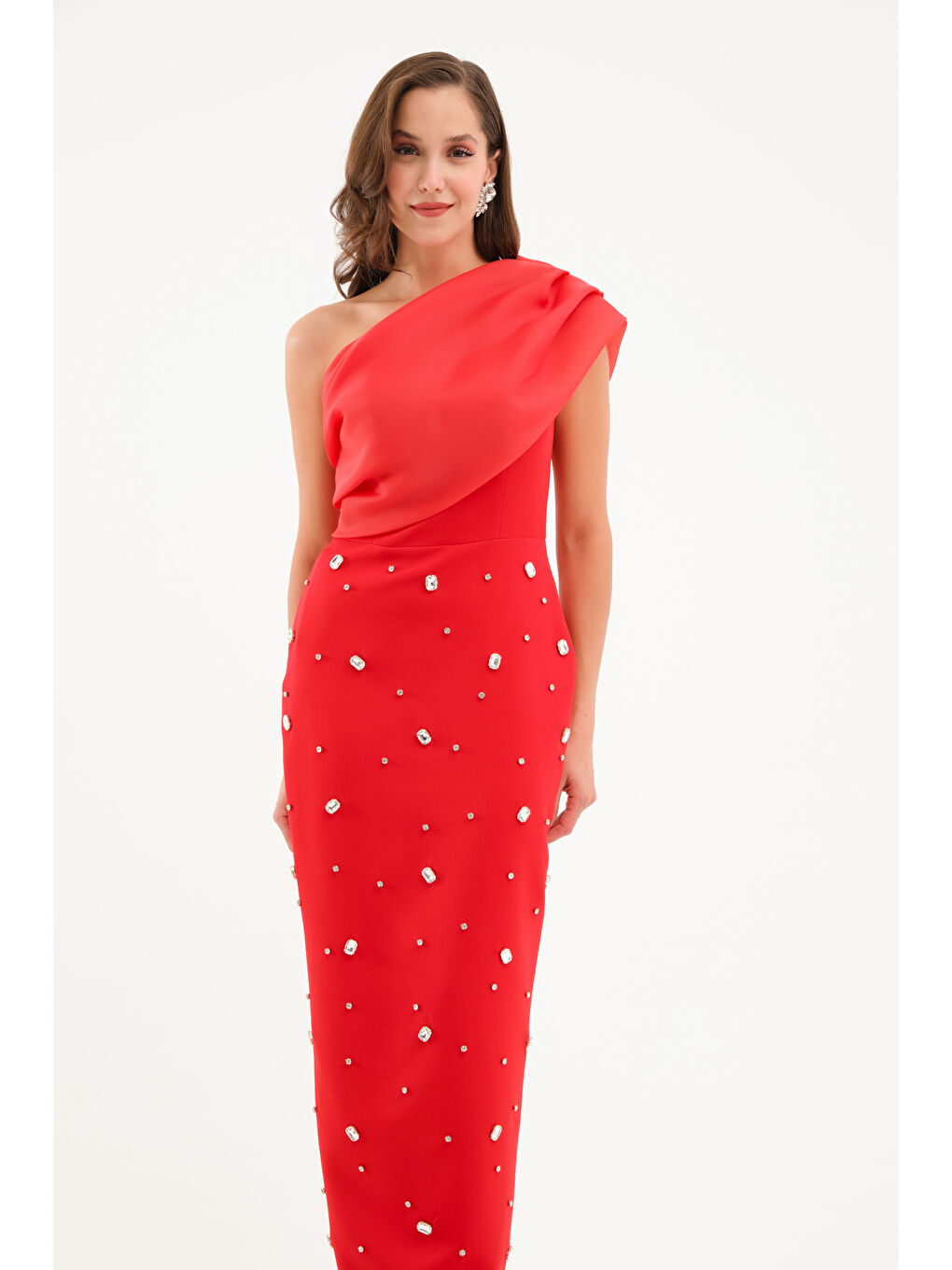 Kadın Kırmızı Tek Omuz Taşlı Söz Nişan Nikah Abiye Elbise-1