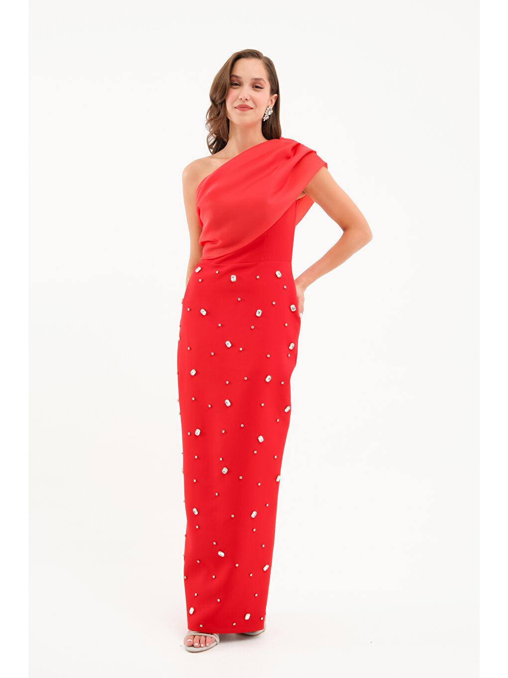 Kadın Kırmızı Tek Omuz Taşlı Söz Nişan Nikah Abiye Elbise-2