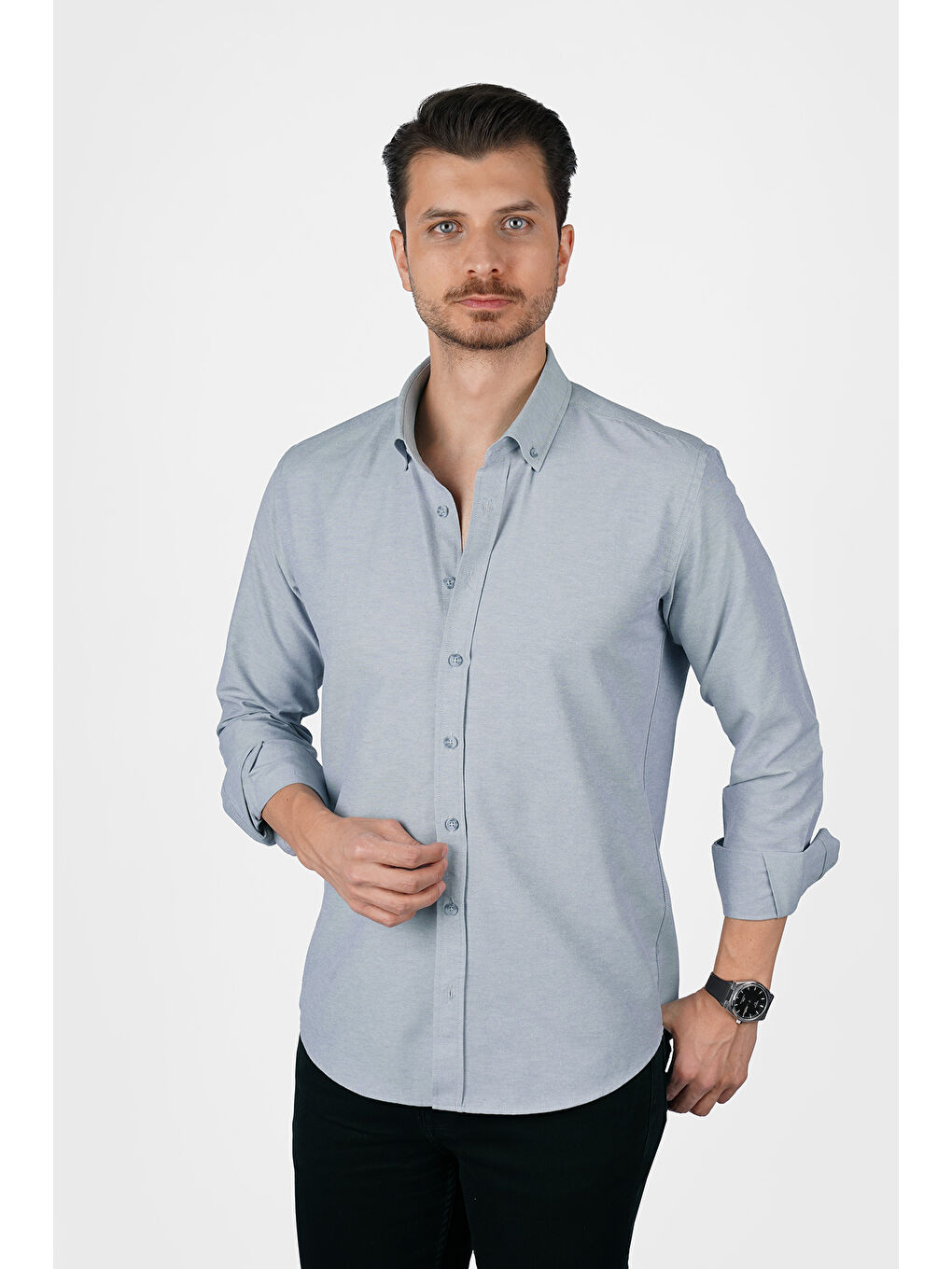 Gri Yaka Düğmeli Premium Şamre Slimfit Erkek Gömlek-6