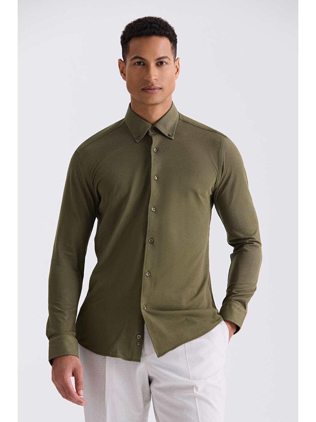 Yeşil Comfort Fit Düğmeli Yaka Pamuklu Gömlek