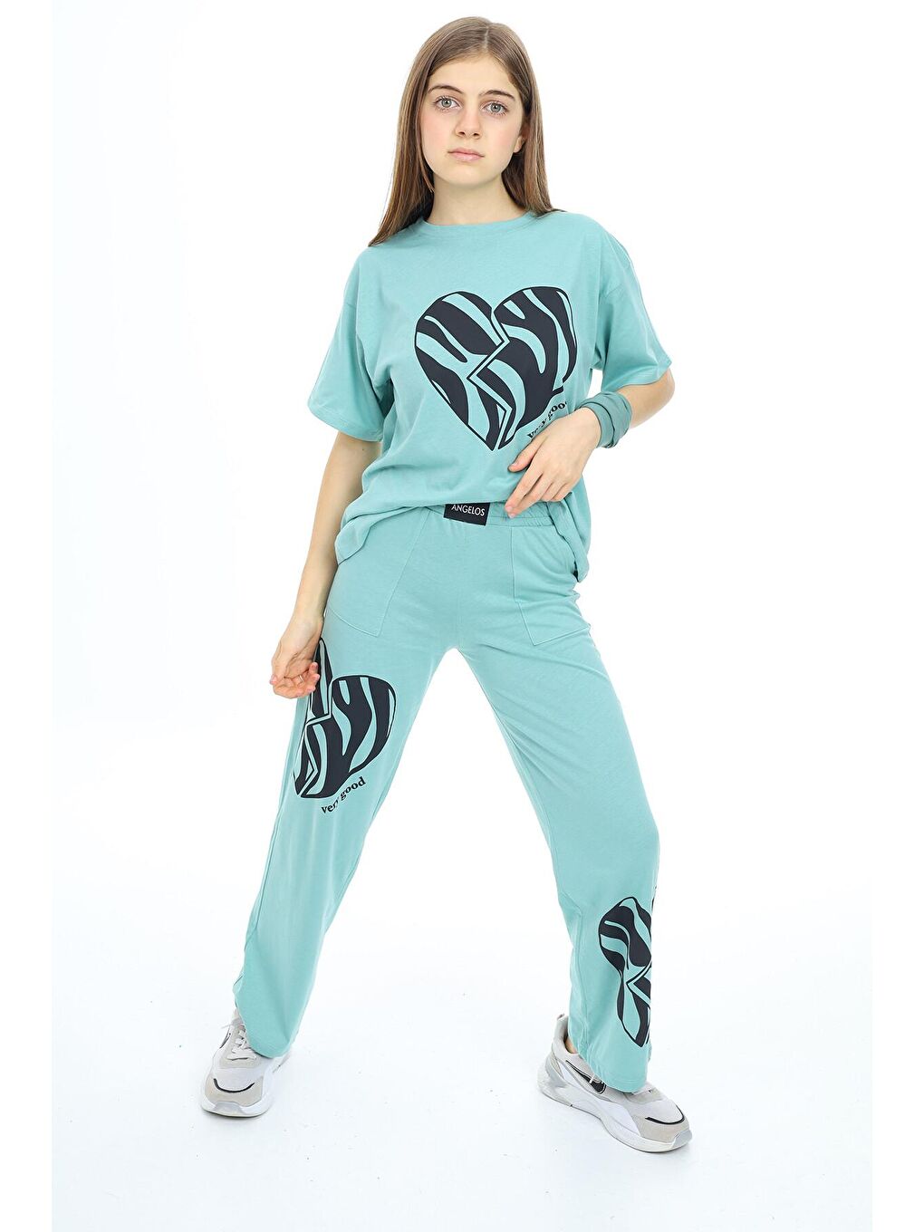 Yeşil Mint Kalp Baskılı Kız Çocuk Takım 18332