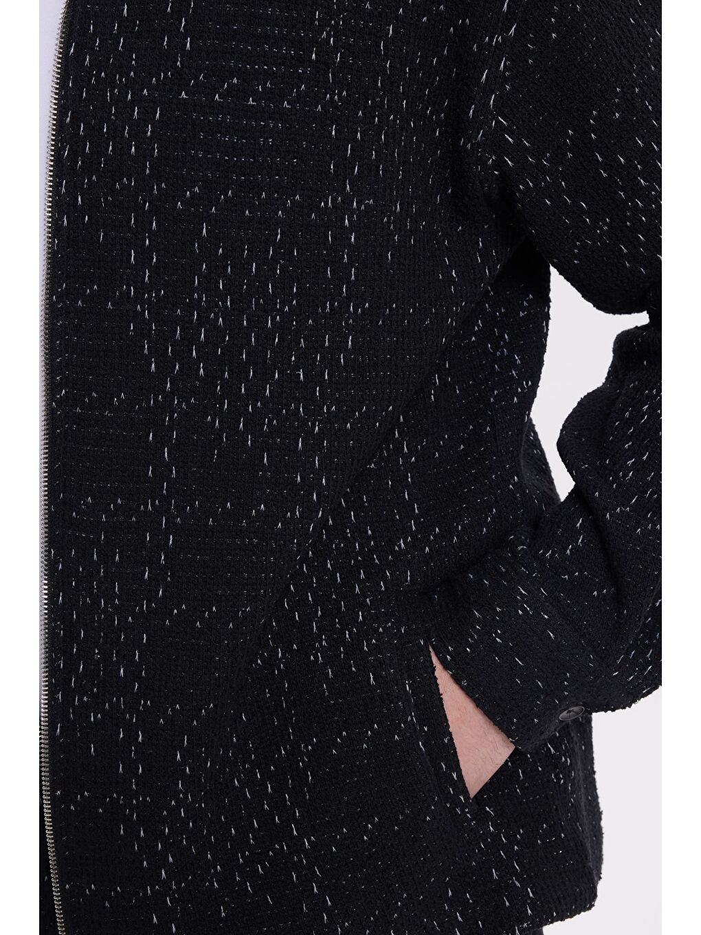 Erkek Relax Fit Rahat Kesim Fermuarlı Desenli Örme Siyah Ceket-3