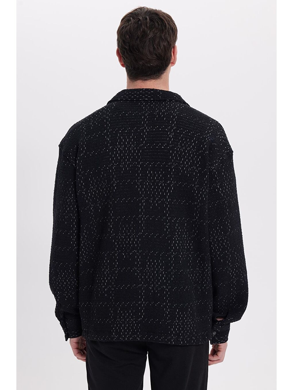 Erkek Relax Fit Rahat Kesim Fermuarlı Desenli Örme Siyah Ceket-5