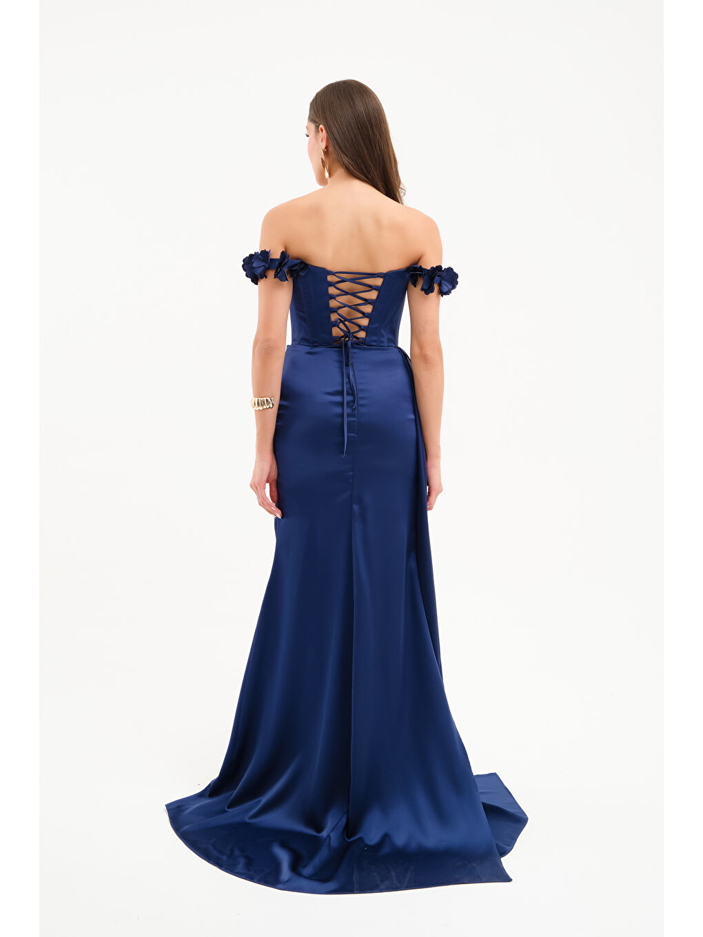 Kadın Lacivert Yaka Çiçekli Uzun Saten Abiye Elbise-4