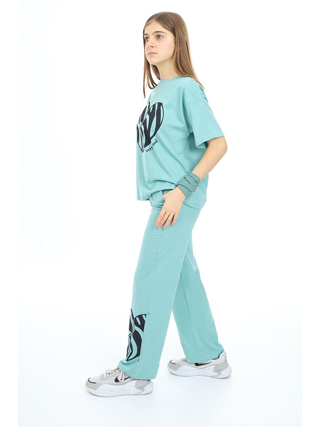 Yeşil Mint Kalp Baskılı Kız Çocuk Takım 18332-1