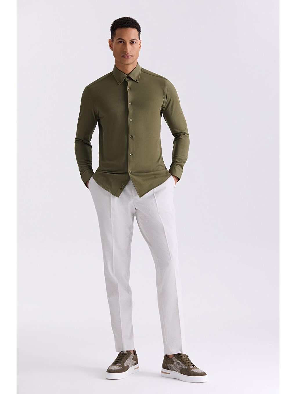 Yeşil Comfort Fit Düğmeli Yaka Pamuklu Gömlek-1