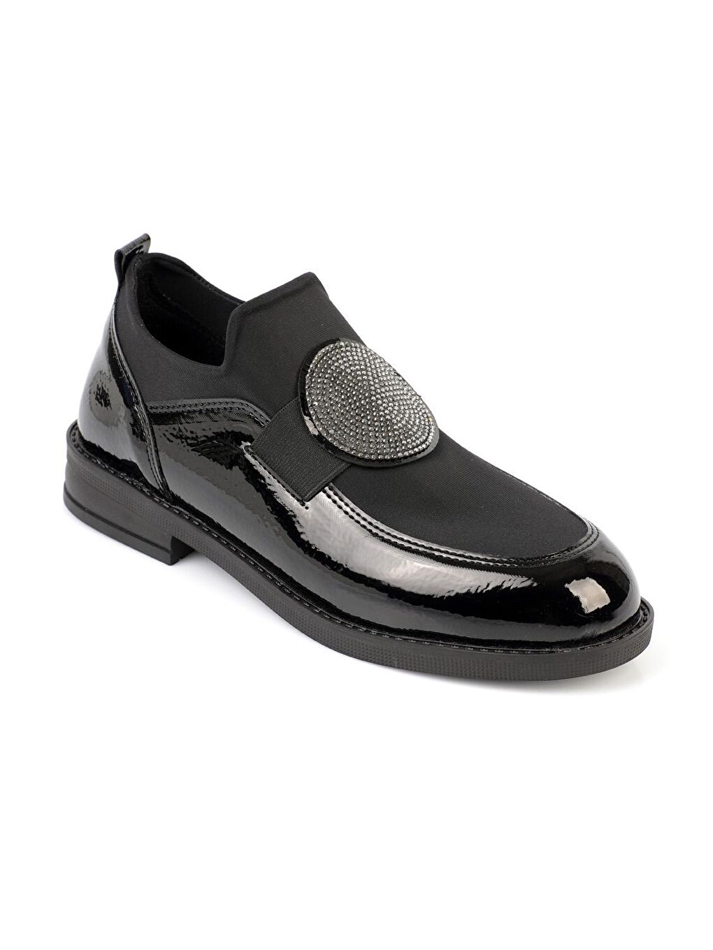 Siyah Küt Burunlu Taş Detaylı Kadın Loafer-3