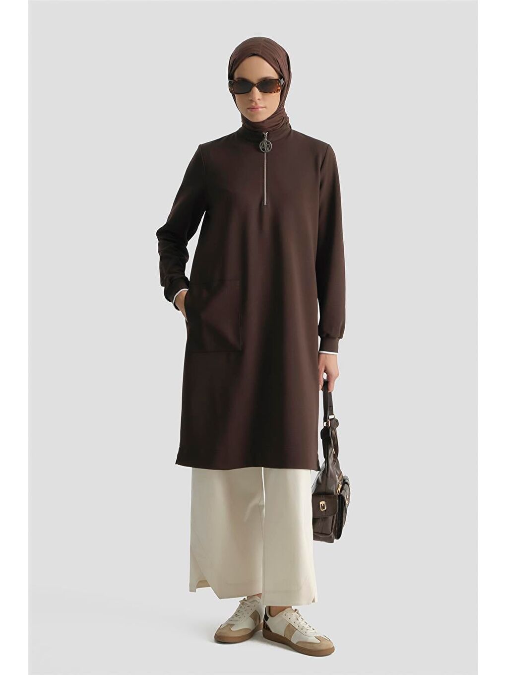 Kahverengi Fermuar Detaylı Tunik Kahve-1